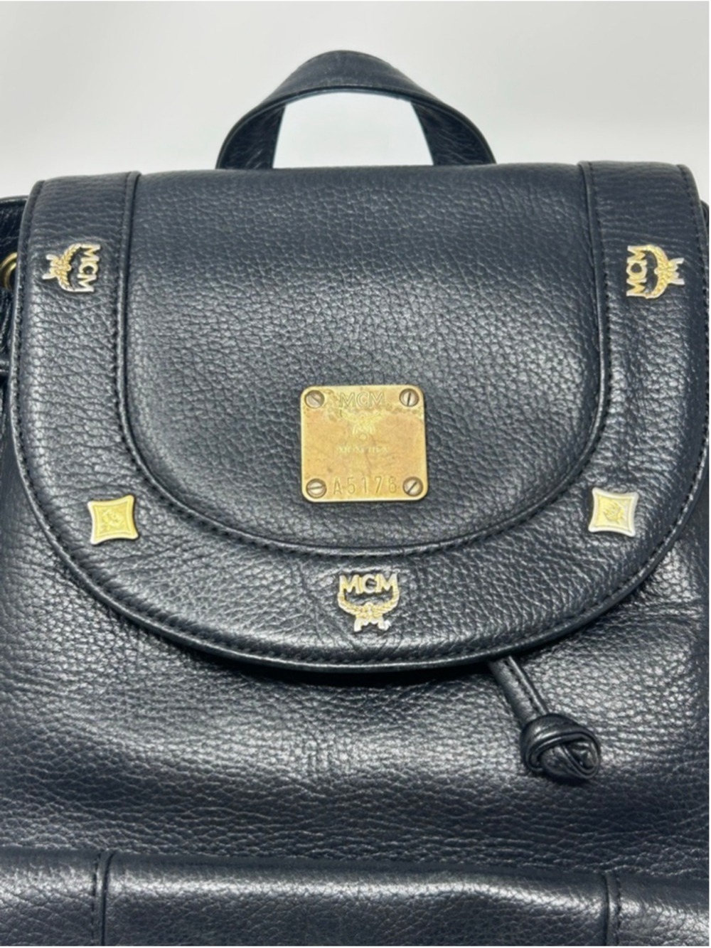Vintage MCM Black Pebbled Leather Backpack Gold Hardware Drawstring - Picture 6 of 16